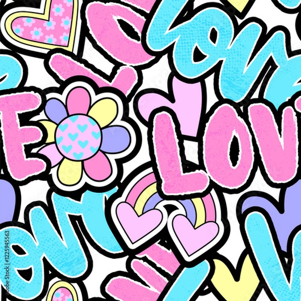 Obraz Abstract seamless chaotic pattern with word "love, flower, rainbow. Bright vector background. Cute Wallpaper for girls.