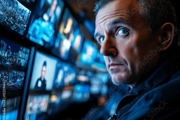 Obraz Man monitors multiple screens in high-tech control room during evening hours