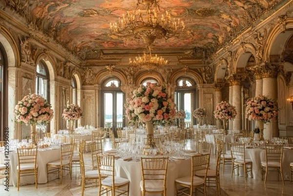 Obraz Elegant banquet hall richly decorated with floral arrangements and ornate architecture for a grand event near sunset