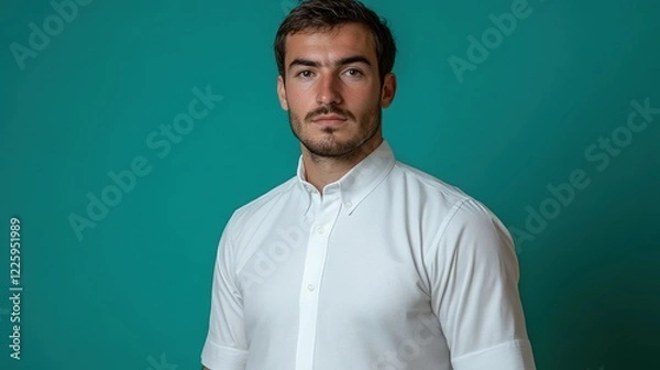 Fototapeta A young man stands with a serious expression against a teal background. He wears a crisp white shirt and appears ready for a professional engagement or event