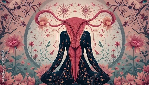 Fototapeta Pixel Art Depiction of a Woman Meditating with a Uterus as a Head Amidst a Floral Garden