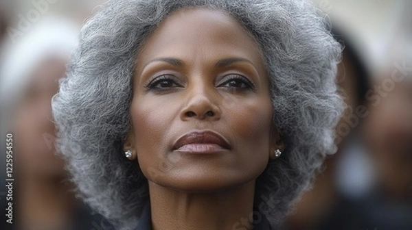 Fototapeta A strong woman with silver curly hair stands confidently in an urban environment, engaging with the audience during a meaningful public event. Her expression conveys determination and focus