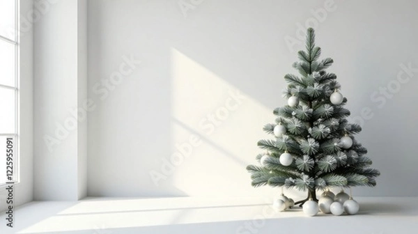 Fototapeta A Minimalist Winter Holiday Scene Featuring a Decorated Evergreen Tree in a Bright Room