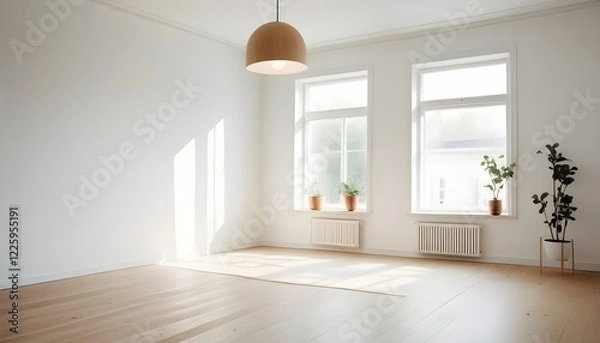 Obraz Almost empty scandinavian modern living room with window. Scandinavian stylish nordic light