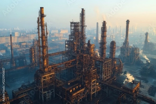 Obraz Industrial complex with towering smokestacks at sunrise in an urban landscape