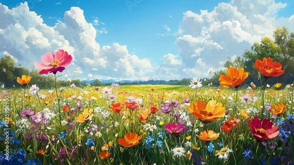 Obraz Vivid illustration of a colorful flower meadow in spring, with a bright blue sky and fluffy clouds. Features diverse wildflowers, including poppies, daisies, and cosmos flowers.