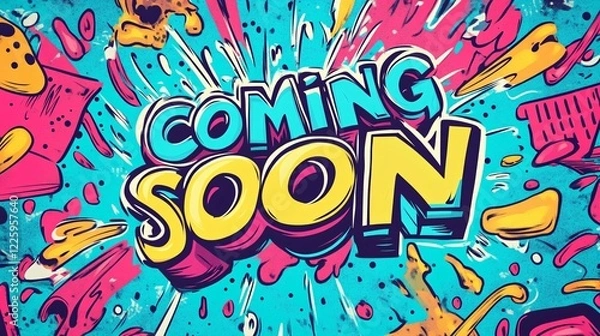 Fototapeta Coming soon sign with colorful urban graffiti style announcing upcoming event