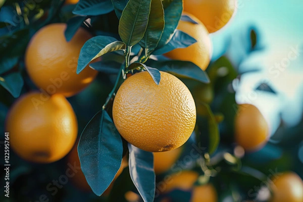 Obraz Oranges growing on an orange tree with green leaves on an orange farm on a sunny clear blue sky day.	