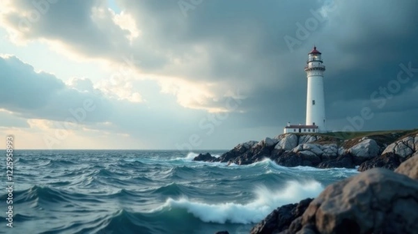 Fototapeta A solitary beacon stands tall amidst a tempestuous ocean, its light a steadfast symbol against the raging waves and brooding sky.