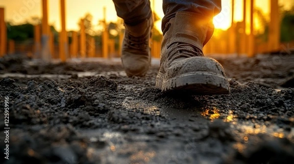 Fototapeta A construction worker in rugged boots walks through muddy ground at a building site as the sun sets, creating a warm glow around tall structures being built in the background