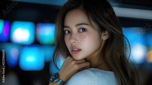 Fototapeta Enigmatic Gaze: A captivating portrait of a young woman, her expression hinting at mystery and allure, set against a backdrop of vibrant, blurred city lights.