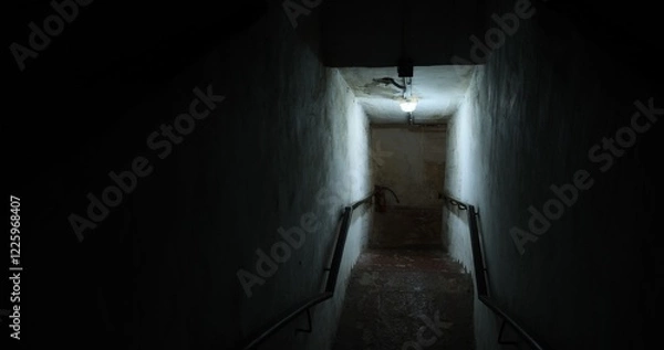 Fototapeta Dark old staircase in a bomb shelter with worn steps and dim lighting creates mysterious and eerie atmosphere ideal for historical abandoned, or post apocalyptic scenes or urban exploration concepts
