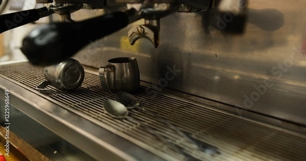 Fototapeta Dirty professional metal coffee machine with coffee grounds remnants close up on countertop espresso machine stains in kitchen barista workspace used for brewing coffee fresh espresso machine cleanup