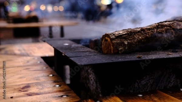 Fototapeta A glowing log burns gently in a stylish fire pit, creating a warm and festive atmosphere at a Christmas market while providing cozy heat for visitors on a chilly winter evening.