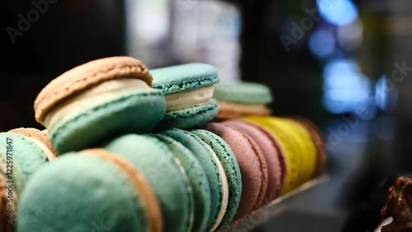 Fototapeta Close-up colorful macarons with white cream filling displayed under soft lighting on a countertop with a blurred background and selective focus highlighting their delicate texture and vibrant hues