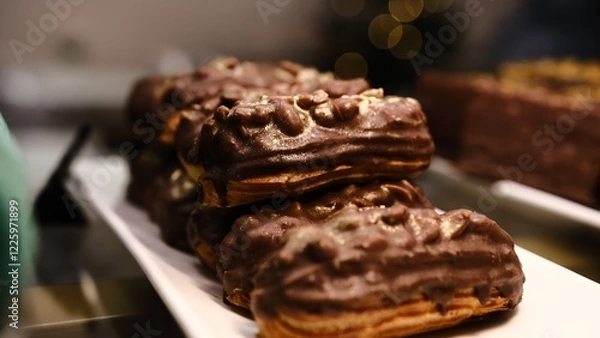 Fototapeta A delicious gourmet eclair filled with creamy custard, topped with crunchy peanuts, rich chocolate glaze, and a luxurious golden sprinkle, creating a visually appealing and indulgent dessert.