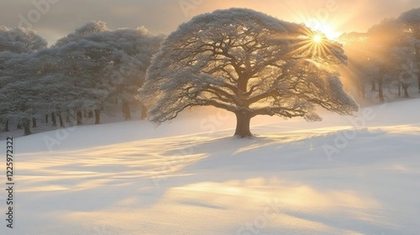 Obraz Winter Sunrise: Majestic Oak Tree in a Snowy Landscape