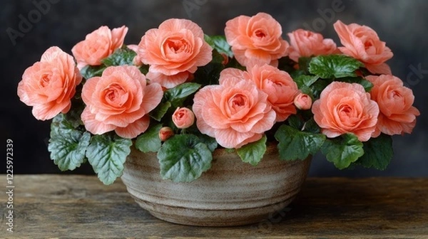 Fototapeta Stunning Coral Begonia Bloom in Earthen Pot