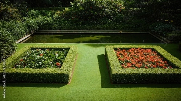 Fototapeta close-up aerial view of botanical garden symmetrical flower beds bordered by neatly trimmed hedges