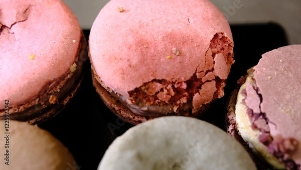 Fototapeta Damaged colorful macarons in close-up showing imperfections and cracks caused by poor transportation highlighting delicate texture of the dessert and the impact of improper handling on fragile treats