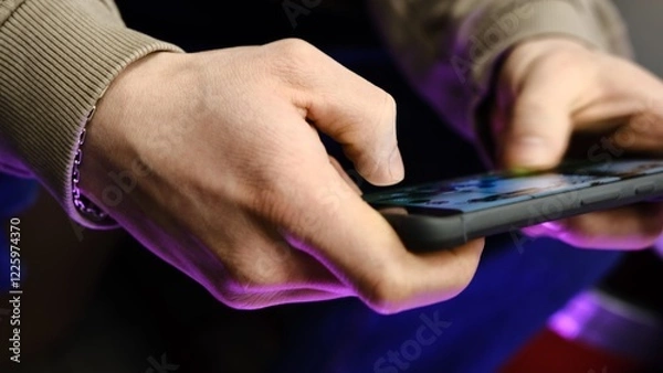 Fototapeta Young man playing mobile game with fast finger movements and colorful pulsating hand lights, dynamic gameplay, close up phone screen, digital entertainment, gaming action, energetic gaming session.