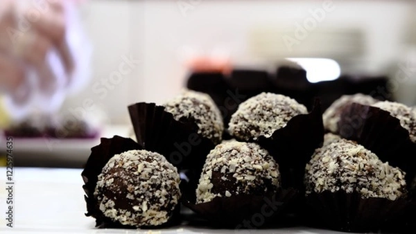 Fototapeta A pastry chef wearing transparent disposable gloves places a truffle candy covered with white sprinkles on white plate with a focus on delicate dessert preparation in bakery kitchen clean and precise
