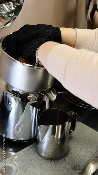 Fototapeta A barista in black disposable gloves squeezes fresh oranges on a professional juicer into a metal pitcher in a modern kitchen preparing a refreshing citrus beverage with vitamin C