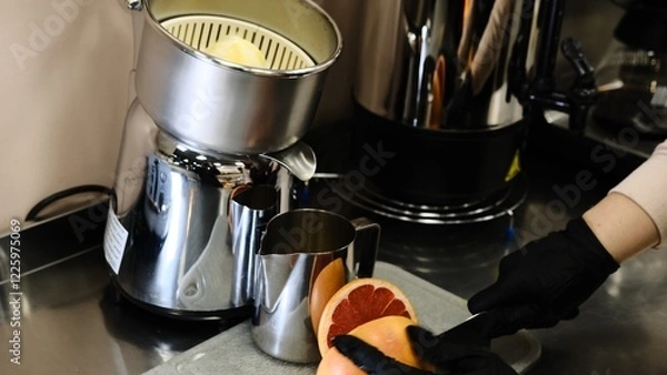 Fototapeta Barista in black disposable gloves cuts squeezes fresh grapefruit on professional juicer into a metal pitcher, preparing fresh juice in clean kitchen with focus on healthy eating and vibrant drinks.