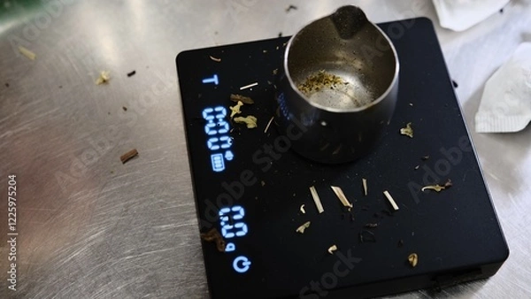 Fototapeta Weighing loose tea leaves in metal container on digital scales for portioning and brewing preparation close up high quality fresh tea leaves precise measurement traditional tea making process.