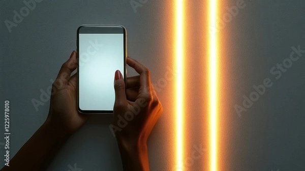 Fototapeta Hands holding smartphone with blank screen, illuminated by warm parallel lights.  Modern technology concept.
