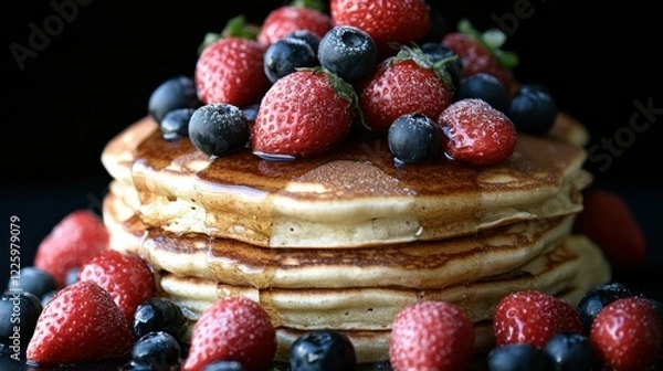 Fototapeta Delicious Stack of Pancakes Topped with Fresh Strawberries and Blueberries