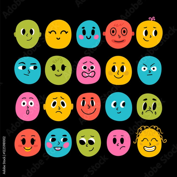 Fototapeta Funny cartoon faces. Drawing set of facial expressions. Flat style characters