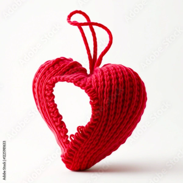 Fototapeta Knitted heart made of red wool threads. light white background.