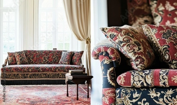 Fototapeta Ornate, patterned sofa and rug with window light.