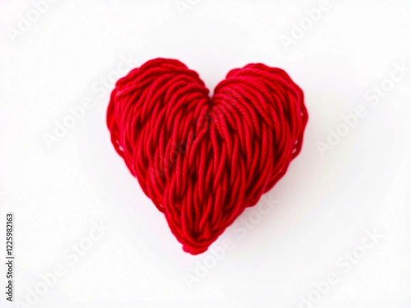 Fototapeta Knitted heart made of red wool threads. light white background.