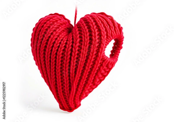 Fototapeta Knitted heart made of red wool threads. light white background.