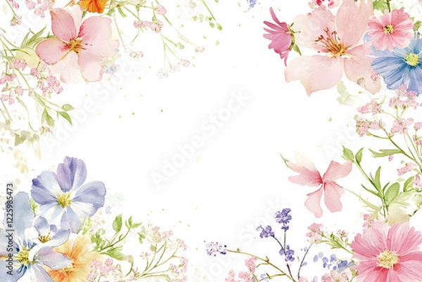 Obraz A floral frame with colorful flowers placed on a clean white background, ideal for greeting cards for Mothera??s Day or springtime celebrations.