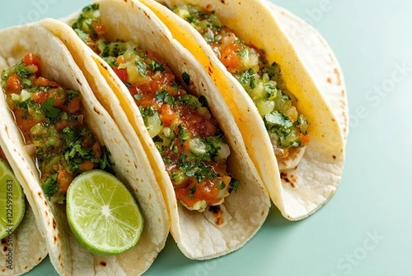Fototapeta food photography of top-down view of freshly made street tacos with vibrant salsa verde and lime wedges illuminated