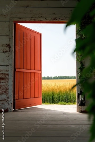 Fototapeta weathered barn door with peeling red paint partially open revealing field of tall golden grass beyond