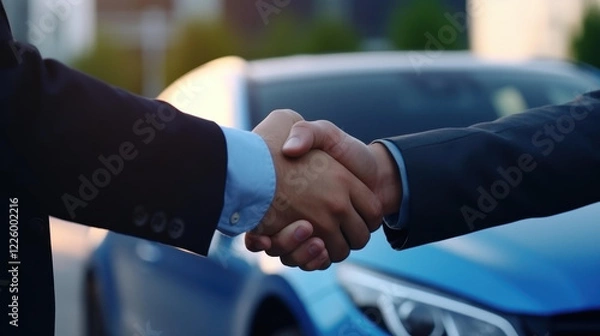 Obraz Two men seal a deal with a firm handshake at a car center, with a shiny automobile on display behind them.