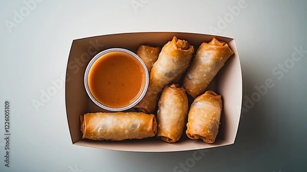 Fototapeta top-down view of paper tray filled with crispy fried spring rolls and tangy dipping sauce illuminated by bright and