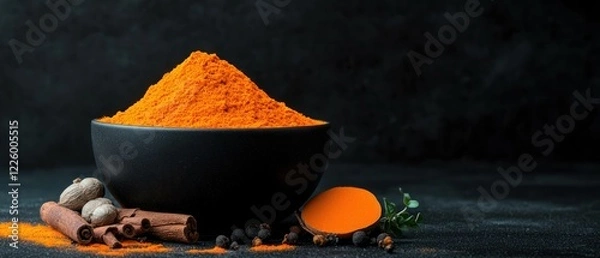 Fototapeta A bowl of vibrant orange spice surrounded by cinnamon sticks and nutmeg on a dark background.