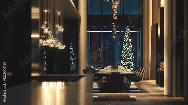 Fototapeta Elegant dining room with christmas tree and modern lighting at night setting