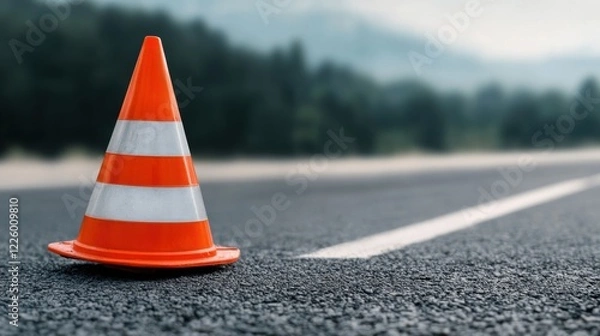 Fototapeta Orange Traffic Cone on Asphalt Road Surface with Blurred Background and Natural Landscape in Distant View