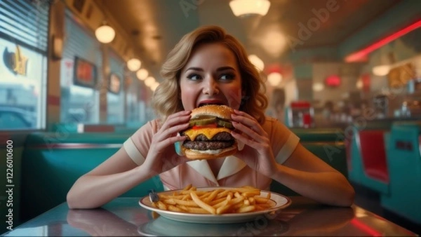 Obraz Enjoying a large burger and fries in a classic diner setting