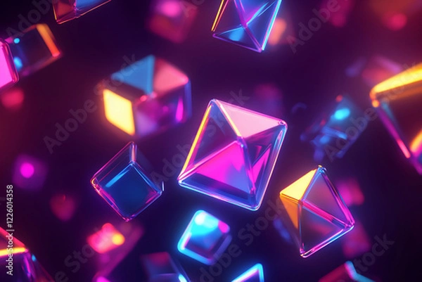 Fototapeta Colorful geometric shapes floating in a vibrant digital space, creating a futuristic atmosphere