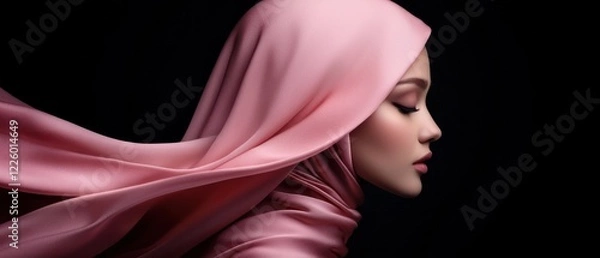 Fototapeta A profile of a woman wearing a flowing pink hijab against a dark background.