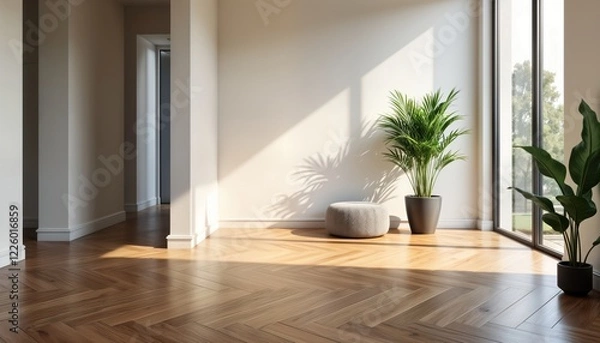 Fototapeta Empty modern room with polished brown hardwood parquet flooring, textured white walls. Natural light streams in through large windows. Stylish, minimalist design. Interior design features include