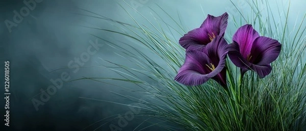 Fototapeta A serene arrangement of purple calla lilies amidst soft green grass.