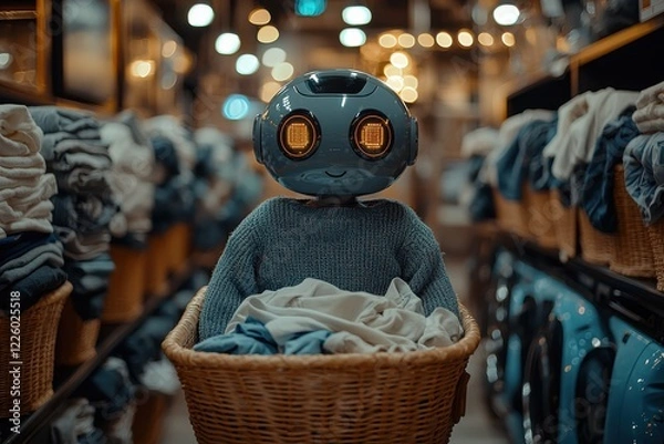 Fototapeta Robot helper carries laundry basket in a cozy laundromat with warm lighting and a welcoming atmosphere